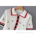 New Bee Pattern Embroidered Short Sleeve Knitted Lapel